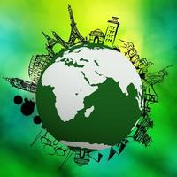 hand drawn traveling around the world on green nature background as concept photo