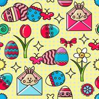 Easter Seamless Pattern. Egg, Bunny in Envelope, Flower. Holiday Vector Background.