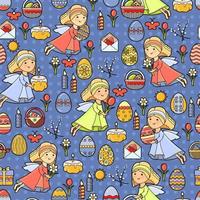 Easter Seamless Pattern. Egg, Angel, Flower on blue. Holiday Vector Background.