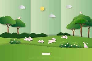 Happy Easter greeting card with cute rabbits jumping on spring garden vector