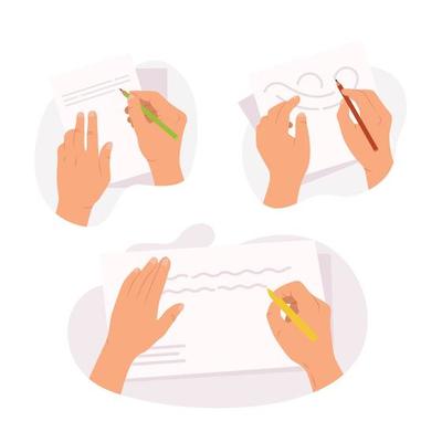 Set of hands holding pen and pencil writing letter and drawing on paper doodle hand drawn