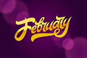 Gold letters February on dark violet background. Used for banners, calendars, posters, icons, labels. Modern brush calligraphy. Vector illustration.