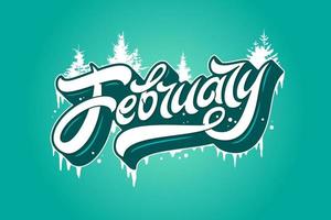 February typography with spruce and icicles on turquoise background. Used for banners, calendars, posters, icons, labels. Modern brush calligraphy. Vector illustration.