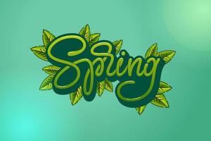 Green letters Spring with leaves on turquoise background. Typography hand sketched logotype, badge typography icon. Lettering spring season for greeting card, invitation template. Vector illustration.