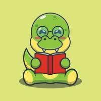 Cute dino reading a book cartoon vector illustration.