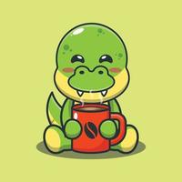 Cute dino with hot coffee cartoon vector illustration.