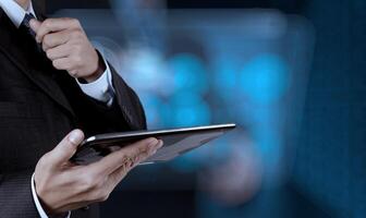 businessman success working computer touch screen with his team as concept photo