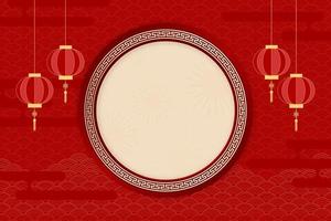 fondo de año nuevo chino con decoración de linterna colgante oriental y marco circular en el medio vector