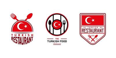 logotipo del restaurante de comida turca. símbolo de la bandera de pavo con cuchara, tenedor, luna creciente e iconos de estrellas. en colores rojo y blanco. ilustración vectorial premium y de lujo vector