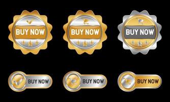 Buy Now Label, Stamp, Badge, or Logo. With shopping chart, star and check icon. On platinum, gold, and silver colors. Premium and Luxury Emblem Vector