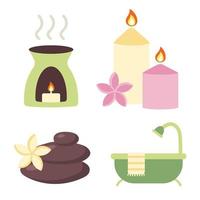 Set of elements for spa and relaxation. Oil burner, aroma candles, zen stones with flower and bath hub. Accessories for relax, meditation and personal care. Beauty and massage salon equipment vector