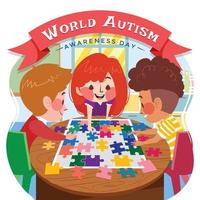 World Autism Awareness Day with Diverse Children Playing Jigsaw Puzzle vector