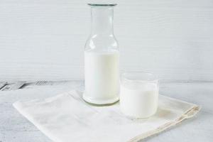 leche en vaso y botella de leche sobre fondo blanco de madera
