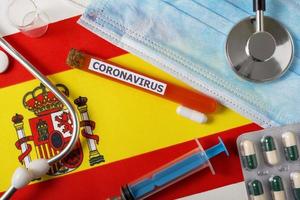 Coronavirus, nCoV concept. Top view protective breathing mask, stethoscope, syringe, pills on the flag of Spain. photo