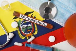 Coronavirus, nCoV concept. Top view protective breathing mask, stethoscope, syringe, tablets on the flag of Ecuador.