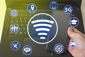 5G telecommunications business technology is a web-based network concept. Internet technology LTE. photo