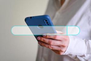 women showing Search Bar On Virtual Screen, Data Search Technology Search Engine Optimization. photo
