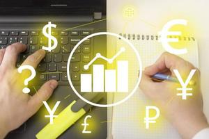 Foreign currency exchange concept, forex trading. Dollar, euro, pound and yen. photo