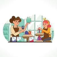 dos mujeres decorando huevos con color vector