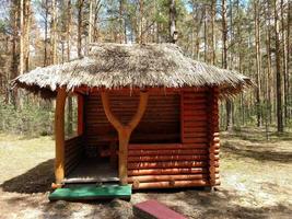 Old abandoned hunter's cabin in Ukraine forest. photo