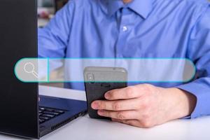 Searching Browsing Internet Data Information Networking Concept with blank search bar.close up of businessman. photo