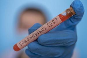 Nurse wearing respirator mask holding a positive blood test result for the new rapidly spreading Coronavirus, originating in Wuhan, China photo