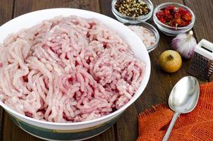 Plate with fresh minced meat, spices for cooking. Studio Photo