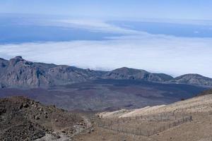 View from Teide Las Canadas Caldera volcano with solidified lava. Teide national Park mountain landscape above the clouds. Tenerife, Canary Islands, Spain. photo
