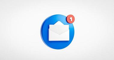 Blue open envelope mail or email notification button icon inbox sign on white background 3D rendering photo