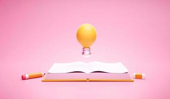 Lightbulb on Book creativity thinking and idea concept on pink background 3D rendering photo