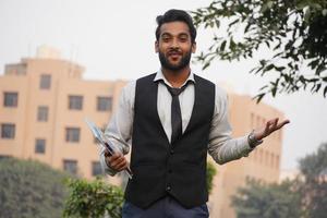 Portrait of positive cheerful cool man cross hand feel like true leader person isolated over beautiful background photo