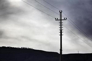 Industrial dramatic landscape with an electricity transmission pylon on horizon. photo