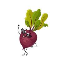 Beet character with happy emotion with glasses, joyful face, smile eyes, arms and legs. Person with expression, vegetable emoticon. Vector flat