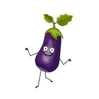 Eggplant character with happy crazy emotion dancing, joyful face, smile eyes, arms and legs. Person with expression, vegetable emoticon. Vector flat illustration