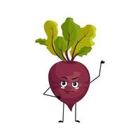 Beet character with emotions of hero, brave face, arms and leg. Person with courage expression, vegetable emoticon. Vector flat illustration