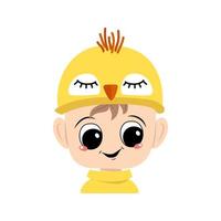 Avatar of boy with big eyes and wide happy smile in cute yellow chicken hat. Head of child with joyful face for holiday Easter, New Year or costume for party. Vector flat illustration