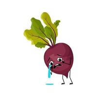 Beet character with crying and tears emotion, sad face, depressive eyes. Person with melancholy expression, vegetable emoticon. Vector flat