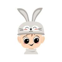 Avatar of boy with big eyes and wide happy smile in cute rabbit hat with long ears. Head of child with joyful face for holiday Easter, New Year or carnival costume for party. Vector flat illustration