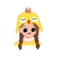 Avatar of girl with big eyes and wide happy smile in cute yellow chicken hat. Head of child with joyful face for holiday Easter, New Year or costume for party. Vector flat illustration