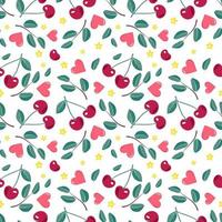 Cute seamless pattern with cherries, hearts, stars and leaves. Festive print, valentine day decoration for wrapping paper, textile and design. Vector flat illustration