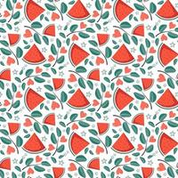 Cute seamless pattern with watermelon, hearts, star and leaves. Festive bright print, valentine day or summer decoration for wrapping paper, textile and design. Vector flat illustration