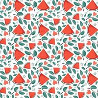 Cute seamless pattern with watermelon, hearts, star and leaves. Festive bright print, valentine day or summer decoration for wrapping paper, textile and design. Vector flat illustration