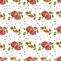 Seamless pattern with whole and half red pomegranate with seeds and branch with leaves. Healthy fruits print on white background. Sweet food for diet. Vector flat illustration