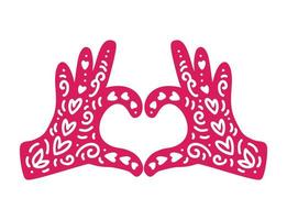 Hands in the form of heart and flourish elements. Symbol showing of feelings to other person. Declaration of love on Valentine Day. Vector flat icon illustration isolated