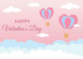 Valentine's Day greeting card. Air balloons in heart shape flying in the sky. Pink background with white and blue clouds vector