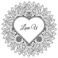 Mehndi flower with frame in shape of heart. decoration in ethnic oriental, doodle ornament. vector