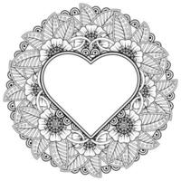 Mehndi flower with frame in shape of heart. decoration in ethnic oriental, doodle ornament. vector