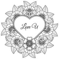 Mehndi flower with frame in shape of heart. decoration in ethnic oriental, doodle ornament. vector