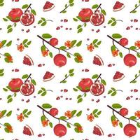 Seamless pattern with whole and half red pomegranate with seeds and branch with leaves. Healthy fruits print on white background. Sweet food for diet. Vector flat illustration