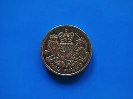 One Pound GBP coin, United Kingdom UK over blue photo